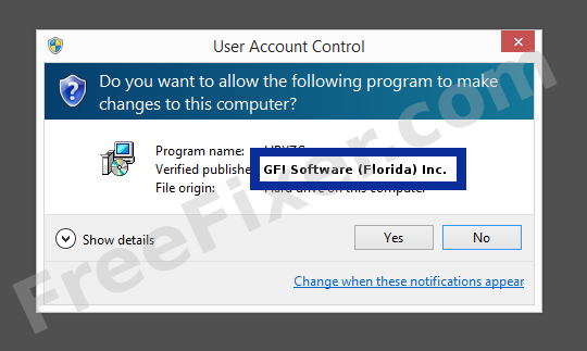Screenshot where GFI Software (Florida) Inc. appears as the verified publisher in the UAC dialog